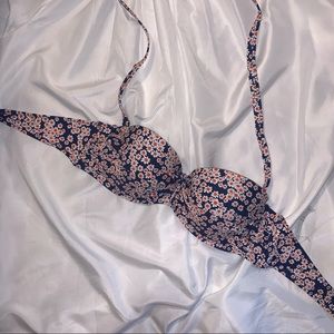 floral navy blue swimsuit top with twist front